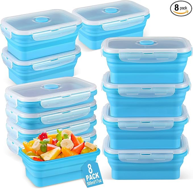 Mifoci Set of 8 Silicone Collapsible Bowls for Camping with Vent Lid Silicone Storage Containers for Food Meal Preparation Square Bowl Microwave Freezer Dishwasher Safe(Blue,17 Oz/ 500 ml)