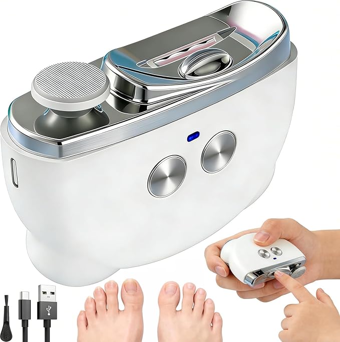 Electric Nail Clippers, Electric Nail Trimmer with LED Light & Nail Filer, Automatic Toenail Clipper with Polishing, Rechargeable Electric Nail Clipper for Seniors, Women, Men (White)