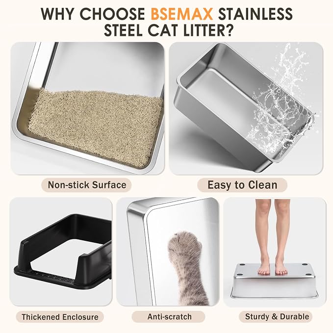 Stainless Steel Litter Box, 17.4'' x 13.5'' x 8.5'' Metal Kitty Litter Box for Small Cats Kitten High Sided Litter Boxs with Scoop Open Top Low Entry Easy to Clean Non-Sticky Anti-Leakage