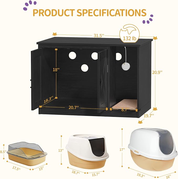 Hzuaneri Cat Litter Box Enclosure, Hidden Litter Box Cabinet Furniture with Bell, Indoor Cat House, Farmhouse Style, 31.5 x 19.7 x 20.9Inches, for Hallway, Bedroom, Black CB82404X