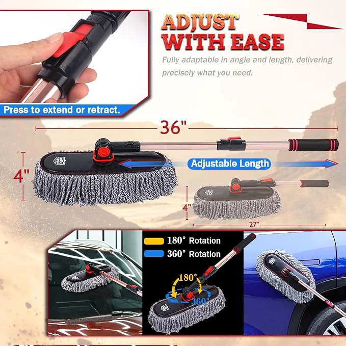 Car Duster Exterior Scratch Free - 27-36" Extendable Handle Microfiber Auto Dusting Brush for SUV, RV, Truck, Motorcycle & Dashboard, Storage Bag Included