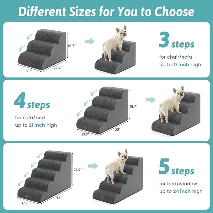 COZY KISS Wide Dog Stairs for Small Dog 15.7" H, Pet Step for Puppy, Older Cat, Curved Ramp for Couch, Durable Anti-Slip Ladder with High Density Foam, 3 Step, 17.7x22.4x15.7 inch, Dark Grey