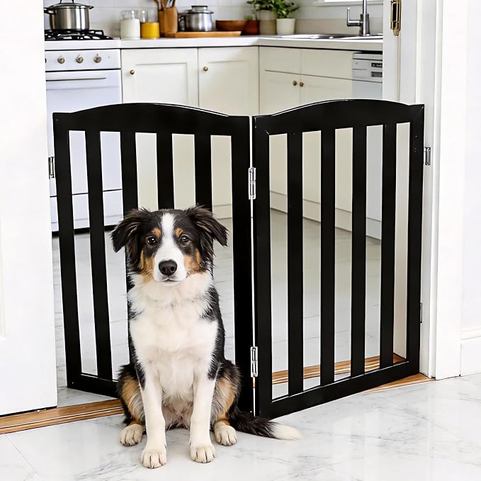 Freestanding Dog Gate Indoor,Doggie Gate Foldable Pet Gates for Doorways,Stairs or Hallways, Wooden Black Pet Gate for the House, Pet Fence,24 "Height-2 Panels