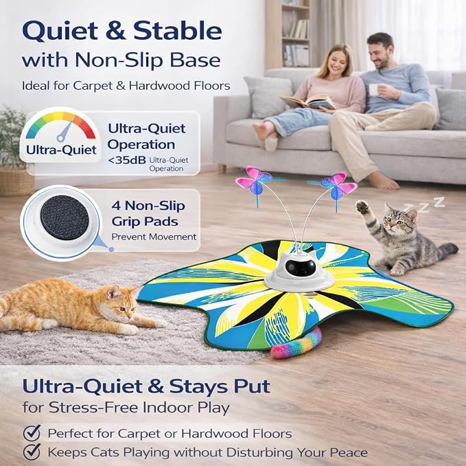 Interactive Cat Toy for Indoor Cats, Rechargeable 3-in-1 Hide and Seek Cat Toy with Spinning Butterfly & Plush Tail, Ultra-Quiet Touch Activated Self Play Cat Exercise Toy for Adult Cats & Kittens