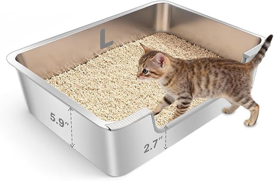 Low Entry Litter Box for Senior or Disabled & Injured Cats, Stainless Steel High Sided Enclosed Easy Step in Entry-Metal Kitty Litter Box for Kittens, Odor Control (19.7”x13.8”x5.9”)