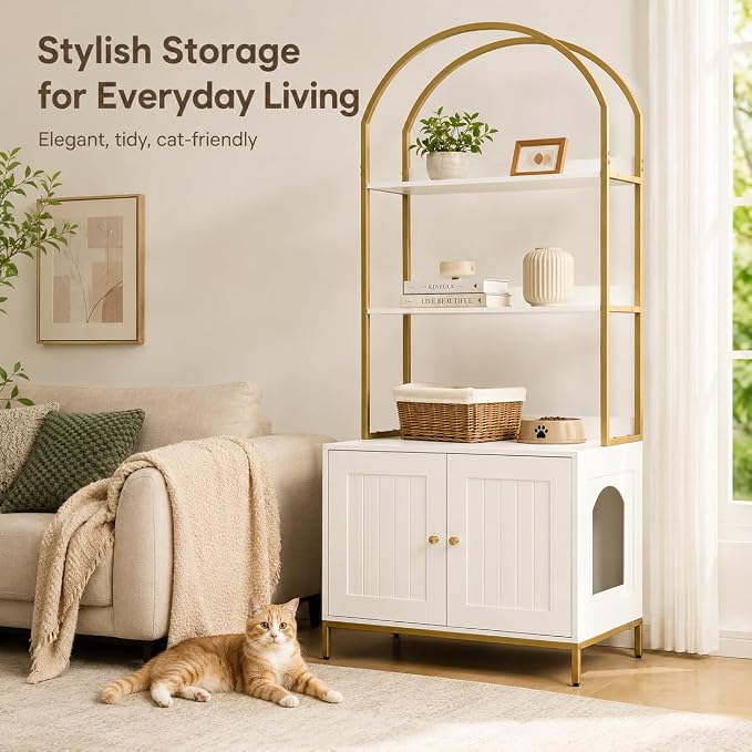 Homhedy Cat Litter Box Enclosure, Litter Box Furniture Hidden with 2-Tier Storage Shelves, Wooden Cat Washroom Furniture with Metal Frame, Modern Style, White and Gold