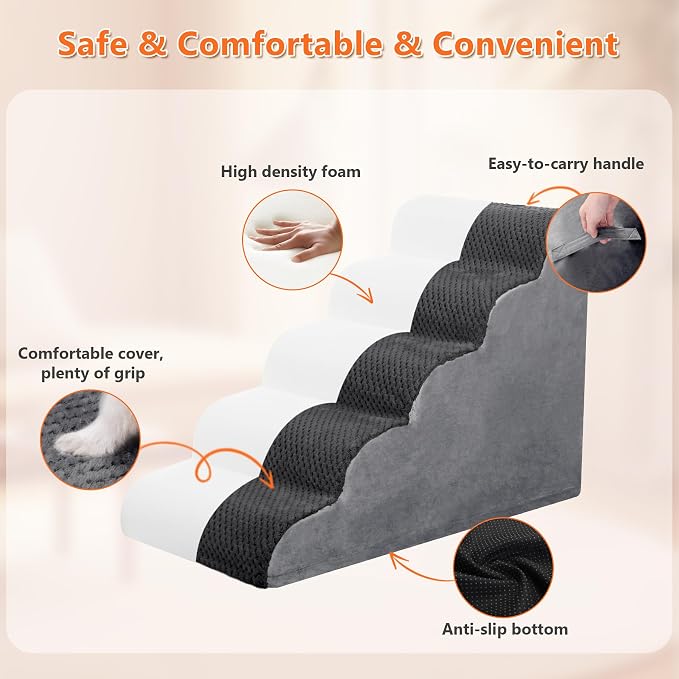 Dog Stairs Ramp, Curved 5-Step Dog Steps for Small Dogs and Cats, Pet Stairs for High Beds and Couch with Anti-Slip Washable Cover and Durable High Density Foam, Dark Grey