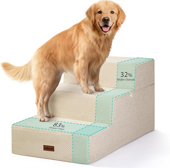 AODISMAN Dog Stairs for Large Dogs 18" H, Extra Wide Dog Steps for High Beds & Couches, 20" Wide Deep Steps, Non-Slip Dogs Ramp, 3-Step Pet Stairs, Beige