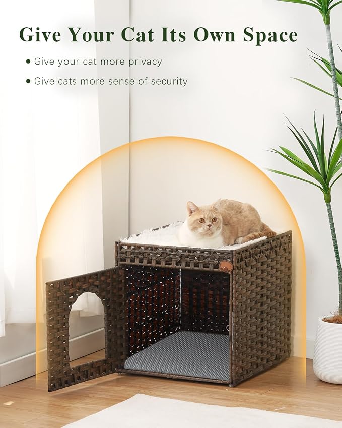 SETVSON Cat Litter Box Enclosure Furniture with One Cat Bed Pad, Rattan Hidden Litter Box Handwoven Cat House with Two S-Shaped Hooks for Living Room, Bedroom, 18.5 x 20.5 x 19.1 Inch,Brown