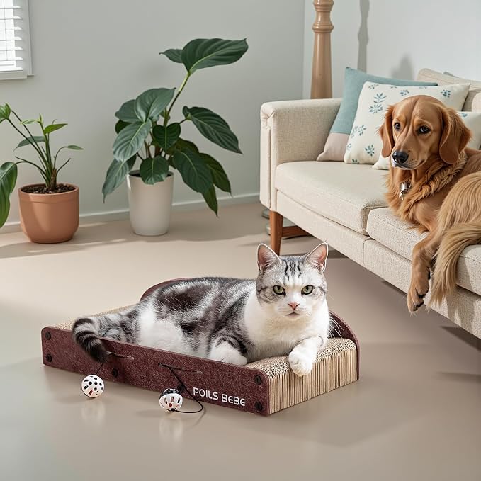 Poils Bebe 21 Inch Sofa Cat Scratcher, Small Cat Scratcher Cardboard with Bell Balls, Durable Couch Lounger for Indoor Cats, Cat Scratch Furniture Protector with Catnip, Cat Toys
