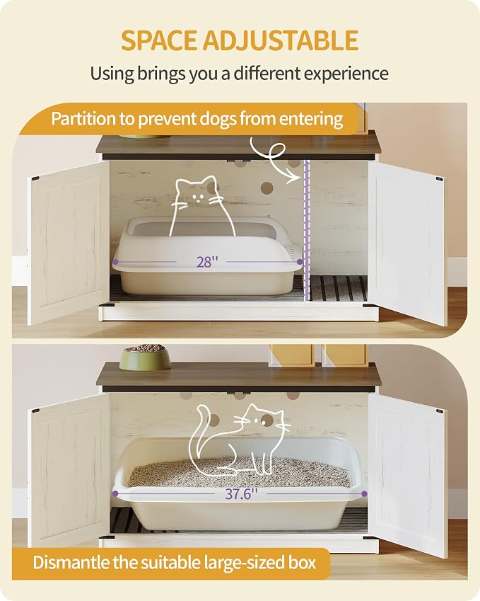 Hzuaneri Cat Litter Box Enclosure with Cushion, Hidden Litter Box Furniture with Removable Dividers, Reversible Entrance Left or Right Side,Cat House, Rustic White and Brown CB84714X
