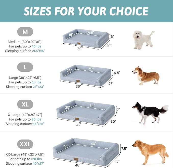 COZY KISS Cooling Dog Bed for Large Dogs, 42"x30" Orthopedic Foam Sofa with Bolster Sides, Q-Max >0.4 Cooling Technology, Cool Pet Bed with Removable Washable Cover, Blue