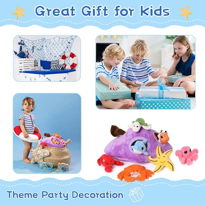 Muiteiur Ocean Sea Stuffed Animals Set,9 Piece Fun Seashell House Plush Set, Soft Educational Toy for Imaginative Play, for Kids Babies