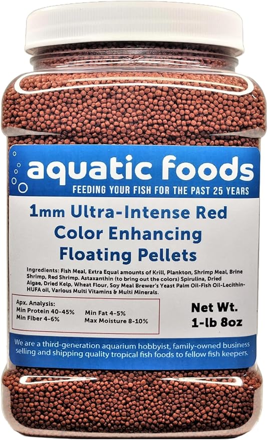 1-mm Ultra-Intense RED Color Enhancing in 7-10 Days Floating Pellets for Baby Discus, Cichlids, Marine Fish, Community Fish, All Tropical and Pond Fish…1-lb 8oz Med Jar