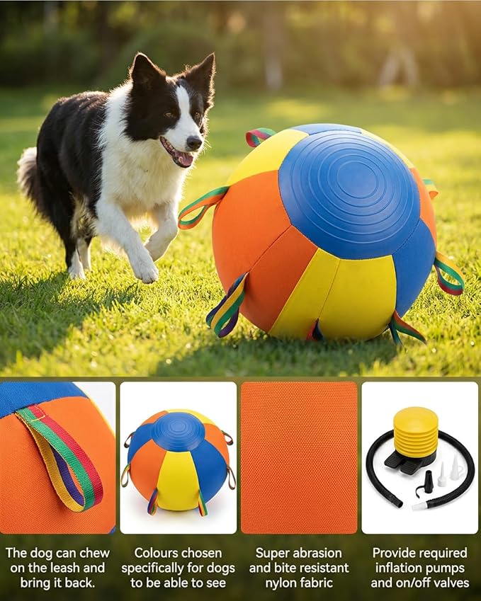 10/18/22" Calming Jumbo Ball for Dogs Durable Tear-Resistant Inflatable Big Ball Tough Herding for Play Exercise Toy with Heavy-Duty Handle Cover & Pump Fun Doggy Herding Dog Giant Tennis(A,18in)