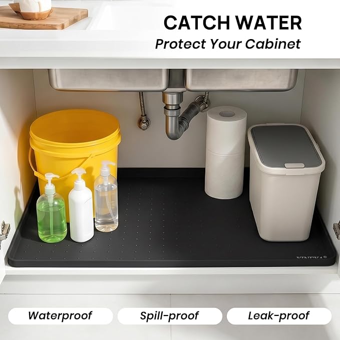 YINEYA Silicone Under Sink Mat Waterproof 24" x 16", Raised Edge Cabinet Liner, Dish Drying Mat for Kitchen Counter Protector, BPA-Free Pet Feeding Mat, Multifunctional Silicone Mat (Black)