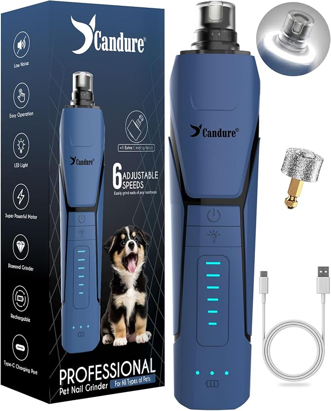 Candure Dog Nail Clipper with LED Light - Illuminates Nail Bloodline for Safer Trimming, Sharp Blade for Thick Nails - Grooming Tool with Nail File (All Size Pets, Dark Blue)