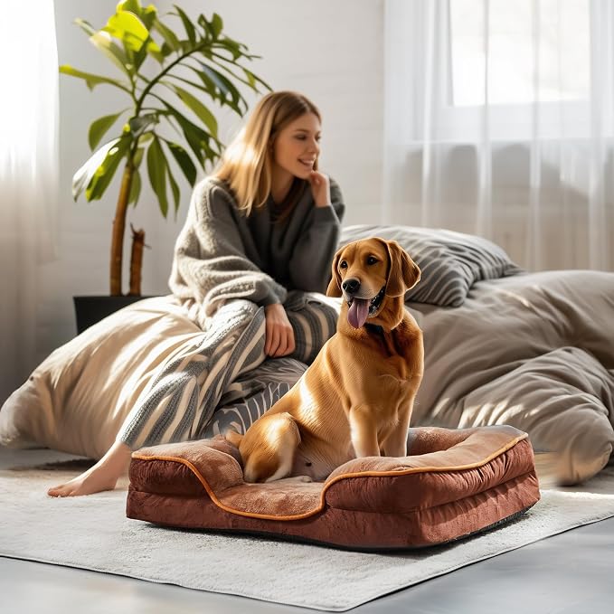 DUMOS Orthopedic Dog Beds for Large Sized Dogs, 42x32 in Machine Washable Cover Pet Bed, Anti-Slip Waterproof Memory Foam Couch Bed for Indoor Dogs and Cats, Brown