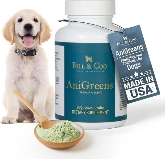 BILL & COO Anigreens Probiotics for Dogs & Cats Powder - Digestive Enzymes with Prebiotics, Superfoods & Special Fibers for Gut Health, Diarrhea Relief & Immune Support - Made in USA, 90g