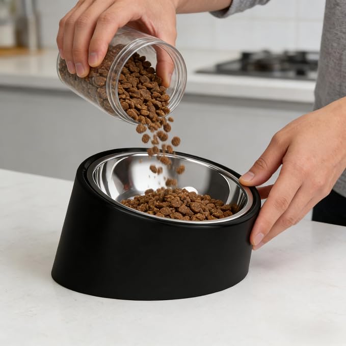 15° Tilted Dog Bowl for Medium Breeds – Non-Slip No-Spill Stainless Steel Pet Feeder, Detachable 2-in-1 Food & Water Dish for French Bulldog & Cats, Anti-Choke, Black (Size M, 350ml)
