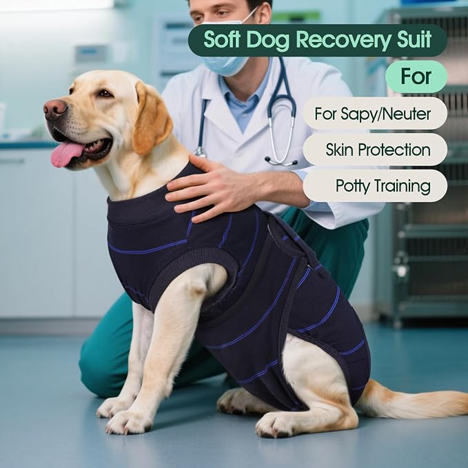 Kuoser Dog Surgery Recovery Suit, Soft Breathable Dog Recovery Suit for Female Spay Male Nueuter, Anti Licking Puppy Onesie Pet Surgical Suit for Dogs Abdominal Wounds Skin Disease, Blue Strips L