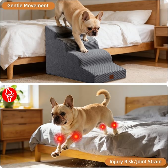 Dog Stairs for Small Dogs and Cats, 19.7" H, 4-Step Curved Pet Ramp for Beds or Couches, Non-Slip Medium Pet Steps with High Density Foam, Grey