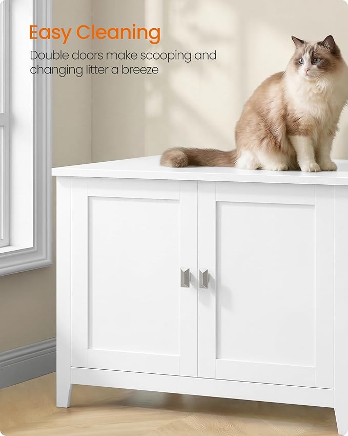 Feandrea Cat Litter Box Enclosure, Modern Hidden Cat Litter Box Furniture, Double Doors, Handles, Indoor Pet House Washroom, Living Room Side End Table, Cloud White UPCL015WB01