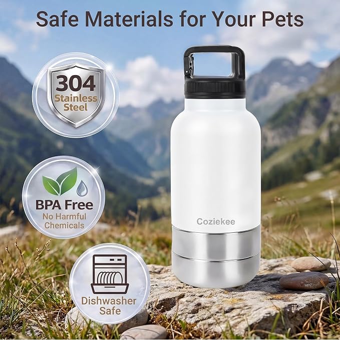 3-in-1 Dog Water Bottle Portable, 32oz Insulated Stainless Steel Pet Water Dispenser with 2 Detachable Travel Dog Bowls for Water & Food, Leak-Proof Puppy Water Bottle for Hiking, Walking (White)