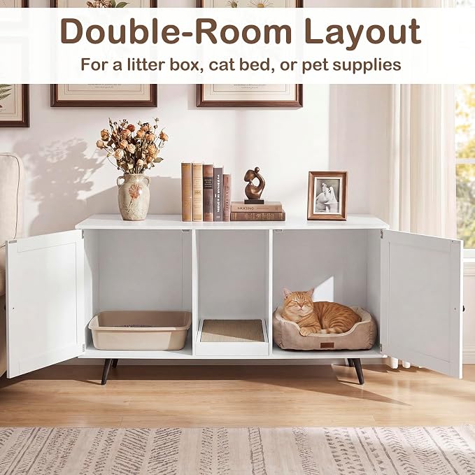 Tangkula Double Cat Litter Box Enclosure, Large Hidden Wooden Cat Cabinet for 2 Cats with Scratching Pad, Double Rooms, Versatile TV Stand Side Table for Indoor Living Room (White)