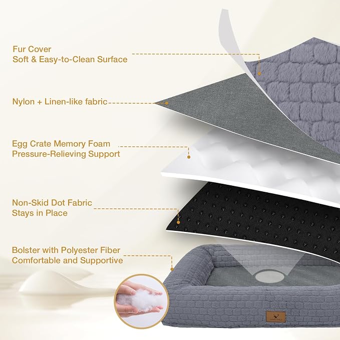 Plush Orthopedic Dog Bed for Medium Large Dogs, Memory Foam Bolster Sofa Bed with Removable Washable Cover, Waterproof Lining & Non-Slip Bottom (Grey-M)