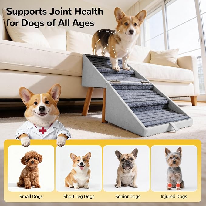 Dog ramp for Small Dogs, 2-in-1 Pet Steps & Ottoman - Foldable Dog ramp for Couch, Non-Slip Wooden Pet ramp for Puppy Senior Injured Dogs (Light Grey, XL(17.13H))