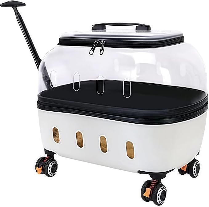 Compact Pets Carrier with Wheels 360° Castors Pet Suitcase Fits up to 48 lbs Cats or Small Dogs, External Single Pole Handle, Portable and Breathable for Trips (White)