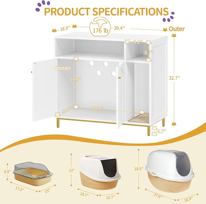 Hzuaneri Cat Litter Box Furniture, Hidden Cat Litter Box Enclosure with Storage, Wooden Cats Cabinet with Scratch Pad, Cats House, Modern End Table for Living Room Entryway, White and Gold CB89503G
