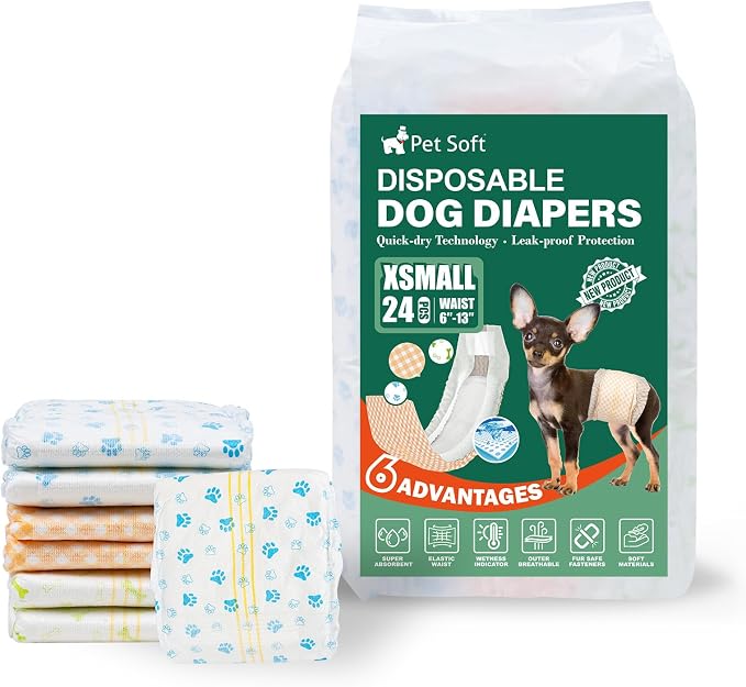 Pet Soft Disposable Dog Dipaers - Male Dog Wraps Wetness Indicator, Ultra Absorbent Puppy Diapers Male for Excitable Urination or Incontinence, 24pcs XSmall