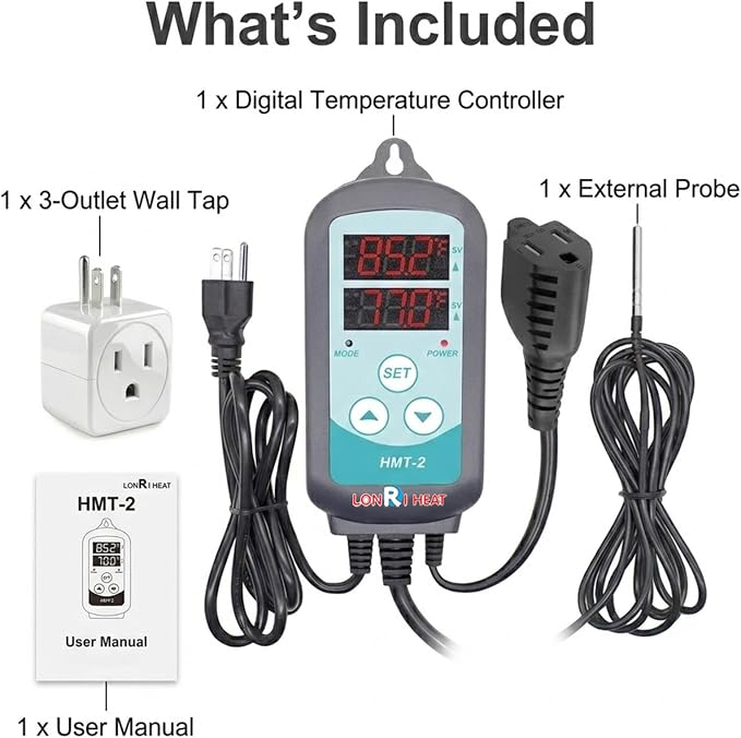 Temperature Controller Plug in Thermostat for Heat Mat & Reptile, 1500W Digital Thermostat Outlet with Probe, Heating & Cooling, Power-Off Memory, 3-Outlet for Multiple Devices