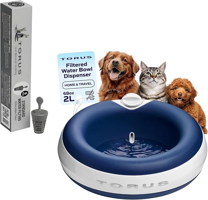 Torus Maxi Pet Portable Water Dispenser 68oz Plus 6-Months of Filters - No Power Required - Less Spills and Tipping - Use in the car - for Dogs and Cats