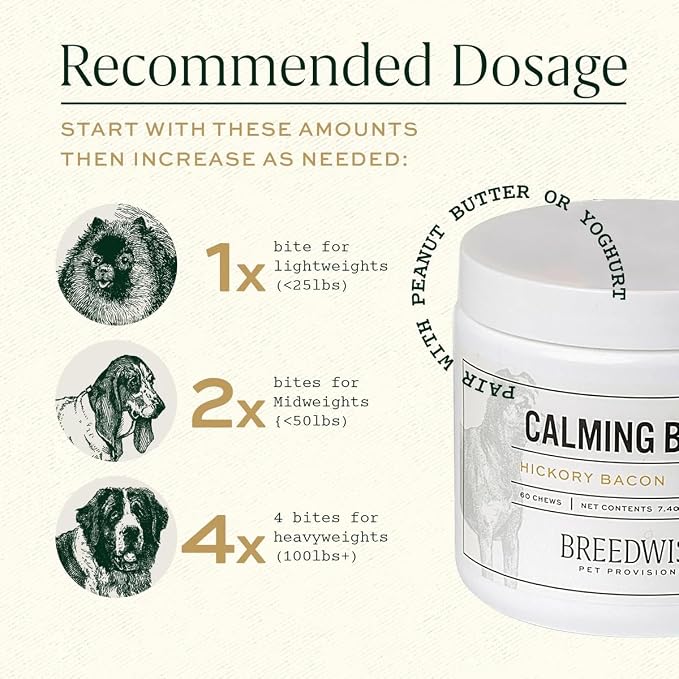 Dog Calming Treats, All Natural Holistic Dog Anxiety Relief Bites, Hickory Bacon Flavor, Stress Reducing, 210g (60 Chews, Hickory Bacon) (14 Chews in Premium Metal Tin)