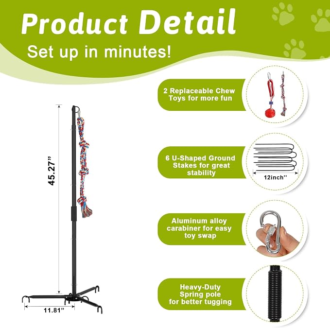 Outdoor Dog Tug Toy for Backyard, Dog Tether Toy, Adjustable Height Durable Spring Pole Dog Toy for Small Medium Dogs, Interactive Hands-Free Dog Exercise Toy with 2 Chew Rope Toys