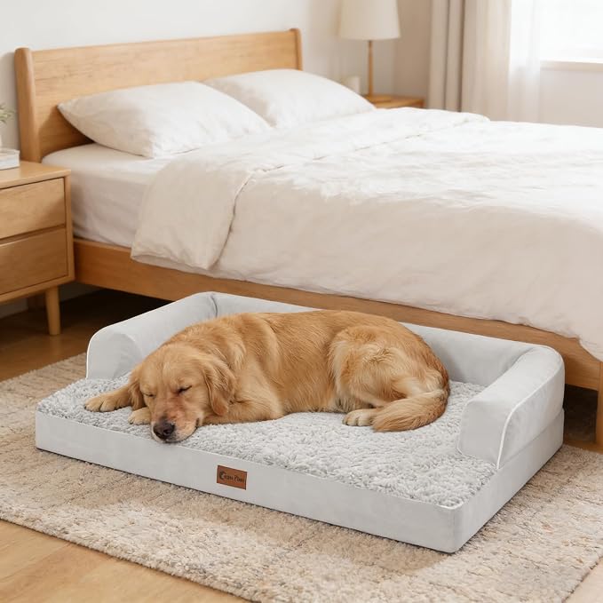 Orthopedic Dog Beds for Extra Large Dogs, Waterproof Egg Crate Foam XL Dog Bed with Sides 48x30Inch, Big Dogs Couch Beds with Removable Washable Cover and Nonskid Bottom, Grey White