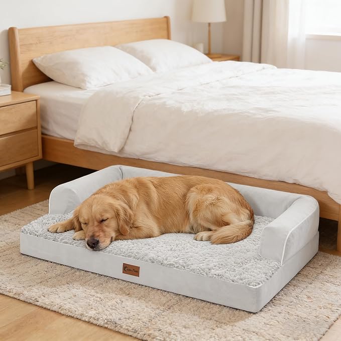 Orthopedic Dog Beds for Medium Sized Dogs, Waterproof Egg Crate Foam Medium Dog Couch Beds for Crate 35x22Inch, Washable Pet Beds with Removable Cover and Nonskid Bottom, Grey White