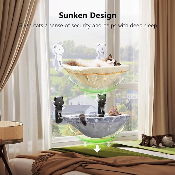 JUNSPOW Cat Window Perch Cordless, Glow in The Dark & Stable Cat Beds- Breathable Window Hammock for Overlooking, Sunbathing and Climbing - Maximum Hold Up to 40lb(Grey+Cream)