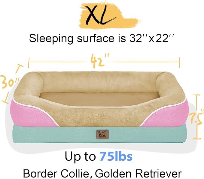 Chez Paw Large Orthopedic Dog Bed for Extra Large Dogs, Waterproof XL Egg-Crate Foam Dog Bed with Removable Washable Cover & Non-Slip Bottom, 4-Sided Bolster Support, Ivory Pink 42"x30"x7.5"