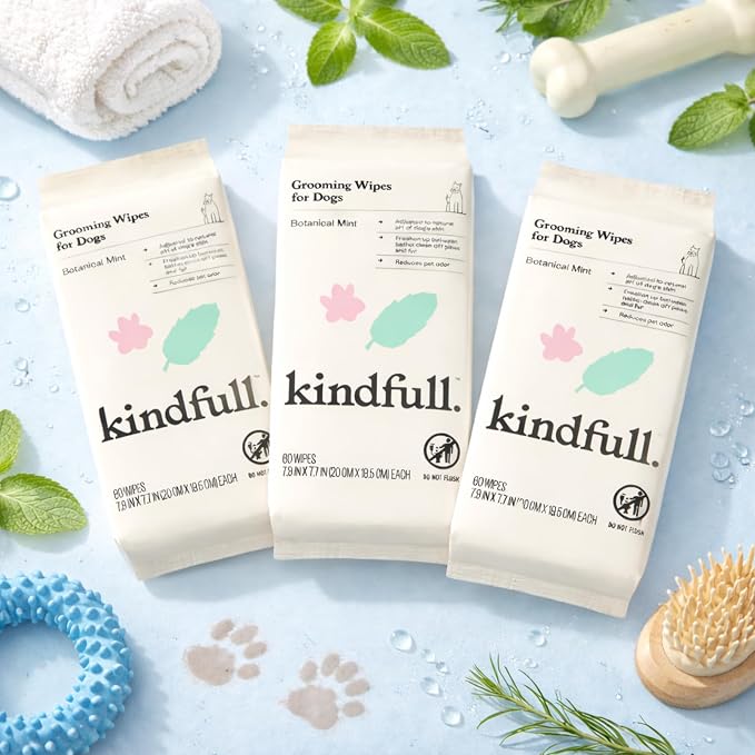 Dog Grooming Wipes – 3 Pack (180 Total), Botanical Mint Scent – Gentle, pH-Balanced Pet Wipes for Paws & Fur – Plant-Based, Alcohol-Free – 7.9" x 7.7" Each