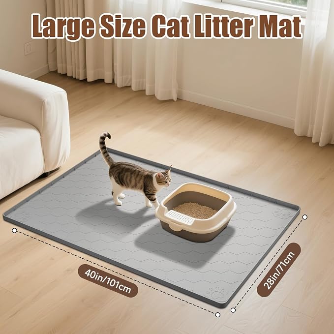 Cat Mat for Litter Box, 40" X 28" Large Silicone Cat Litter Trapping Mat, Waterproof Kitty Litter Mat, Urine-Proof, Easy to Clean, Non-Slip Kitty Scratch Pad for Floor(Gray)