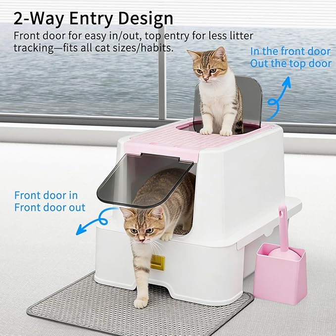 RIZZARI Pink Stainless Steel Cat Litter Box with Lid, Hidden Top Entry Kitty Litter Box with Drawer, Modern Covered Litter Box for Indoor Cats, Large Cats, Apartments & Bedrooms