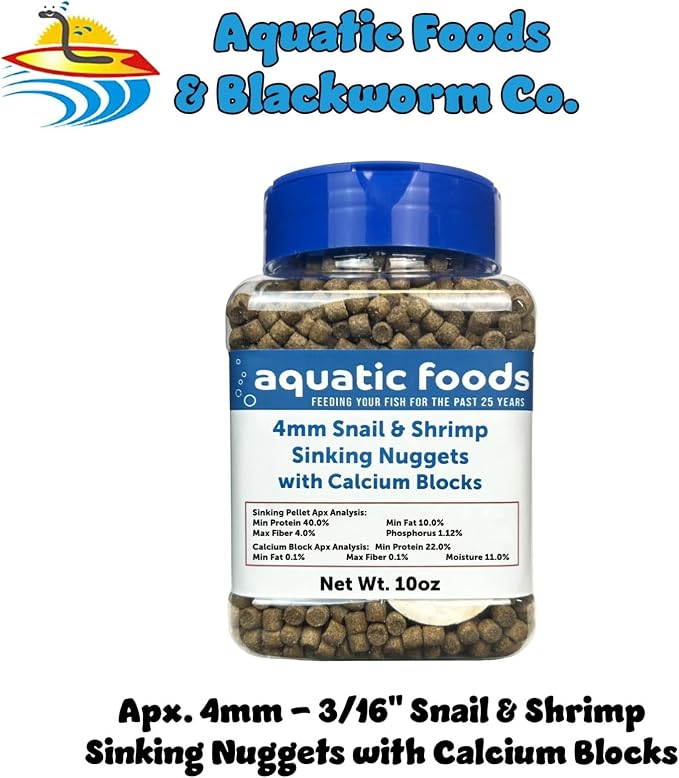 Calcium Blocks Included in Snail & Shrimp, 4mm-3/16 Sinking 40% Protein Nuggets with for Snails, Shrimp, Crabs, All Bottom Tropical Fish…10oz Jar