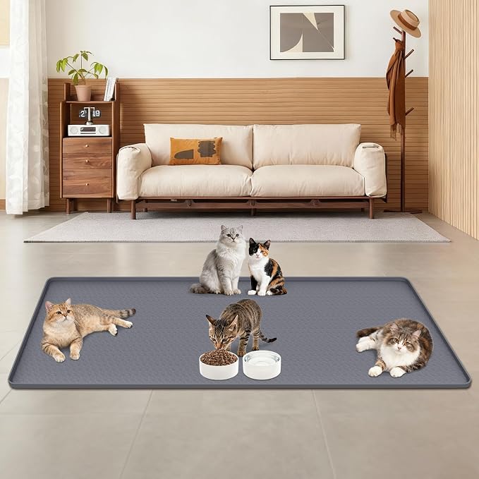Cat Food Mat, 51" x 26" Large Silicone Mat Cat Feeding Mat with Raised Edge Non-Slip Pet Feeding Mat for Food and Water Bowl, Easy to Clean, Floor Protection (Gray)