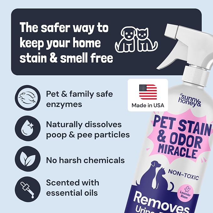 Sunny & Honey Pet Stain and Odor Remover - Enzyme Cleaner for Dog Urine and Poop on Carpets and Furniture - Strong Pet Carpet Cleaner Spray (32fl oz Lavender)
