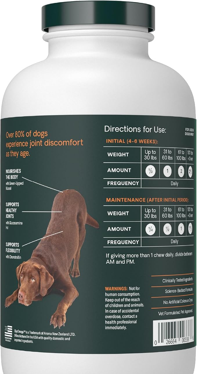 VetriScience Ultimate Strength Healthy Hip & Joint Chewable Tablets, GlycoFlex Glucosamine, Chondroitin and Green-Lipped Mussel Joint Supplement for Dogs, Soothe Joint Discomfort, Chicken, 120 Count