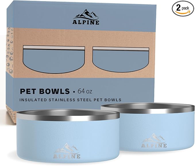 ALPINE Set of 2 Stainless Steel Dog Bowls, Non Slip, Metal Pet Bowl for Food and Water, Double Walled Insulated, Rustproof, Dishwasher Safe (64 oz, Sky Blue)